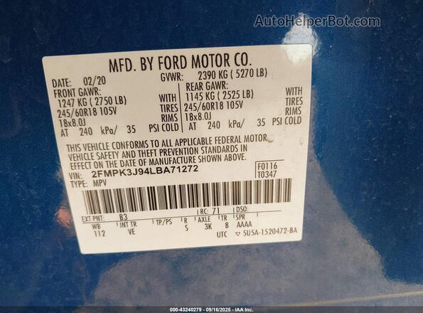 2FMPK3J94LBA71272 2020 FORD EDGE Blue ძრავის განყოფილების ხედი