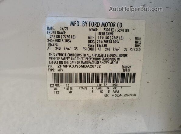 2FMPK3J95MBA26732 2021 FORD EDGE White 