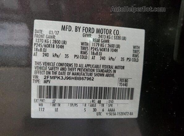 2FMPK3J96HBB67962 2017 FORD EDGE Gray VIN კოდის სტიკერის ხედი