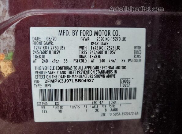 2FMPK3J97LBB04927 2020 FORD EDGE Burgundy Widok komory silnika