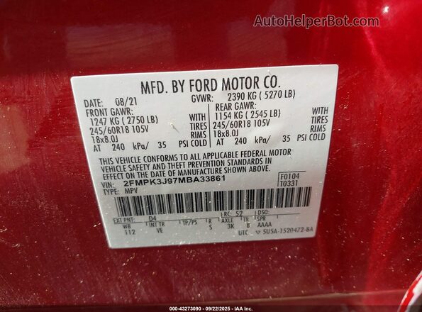 2FMPK3J97MBA33861 2021 FORD EDGE Red Շարժիչի բաժամունքի տեսք