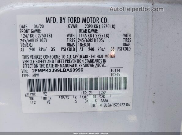 2FMPK3J99LBA90996 2020 FORD EDGE White Շարժիչի բաժամունքի տեսք