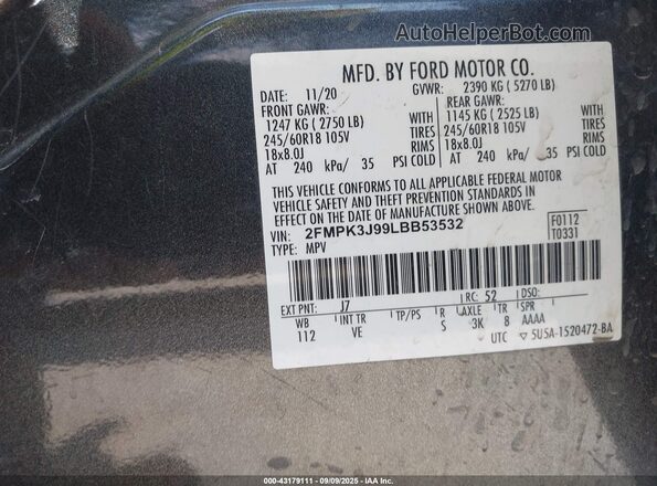 2FMPK3J99LBB53532 2020 FORD EDGE Gray ძრავის განყოფილების ხედი