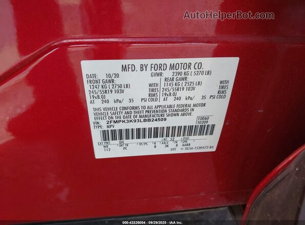 2FMPK3K93LBB24509 2020 FORD EDGE Red Շարժիչի բաժամունքի տեսք