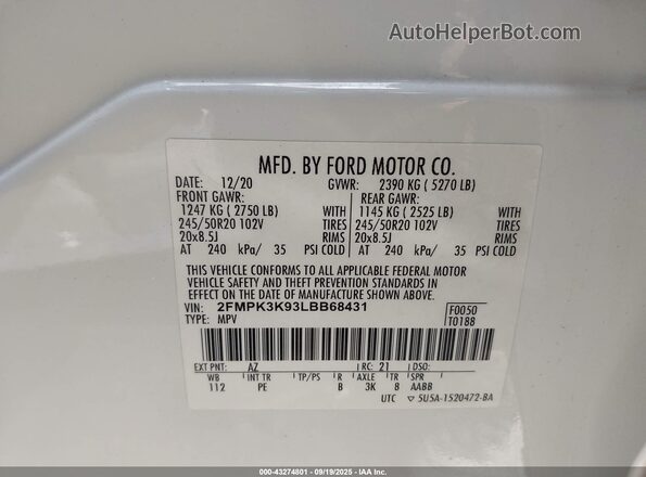 2FMPK3K93LBB68431 2020 FORD EDGE White Շարժիչի բաժամունքի տեսք