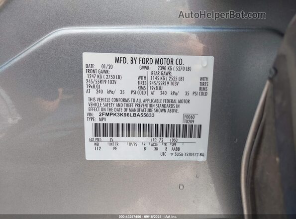 2FMPK3K96LBA55833 2020 FORD EDGE Silver ძრავის განყოფილების ხედი