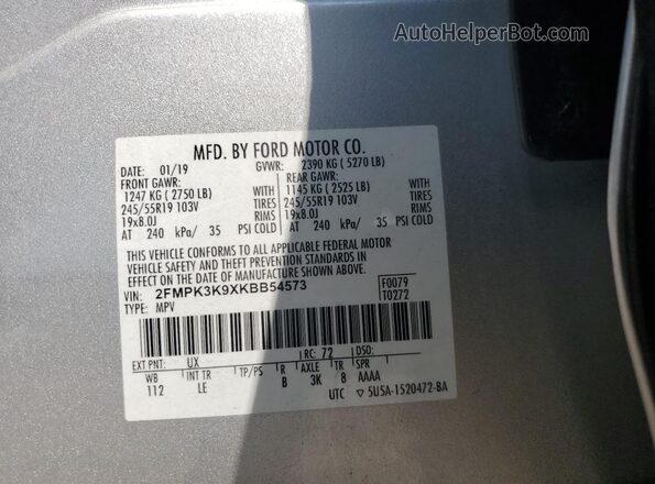 2FMPK3K9XKBB54573 2019 FORD EDGE Silver Widok naklejki z numerem VIN