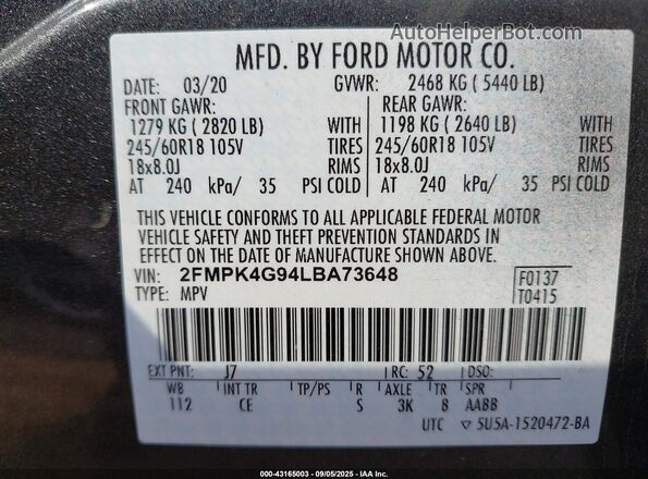 2FMPK4G94LBA73648 2020 FORD EDGE Gray Engine compartment view