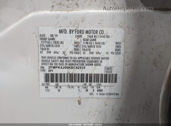 2FMPK4J90KBC62935 2019 FORD EDGE White Вид підкапотного простору