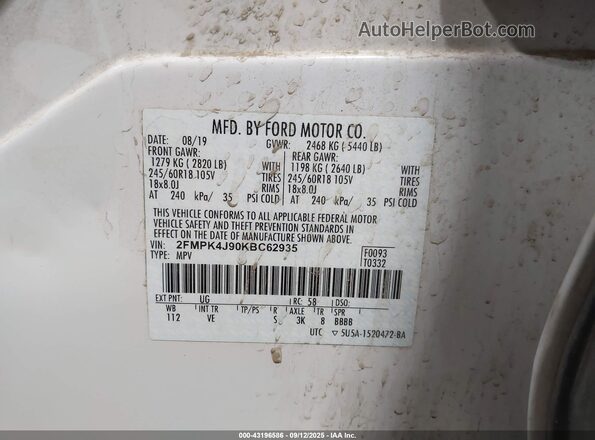 2FMPK4J90KBC62935 2019 FORD EDGE White Вид щитка приладів