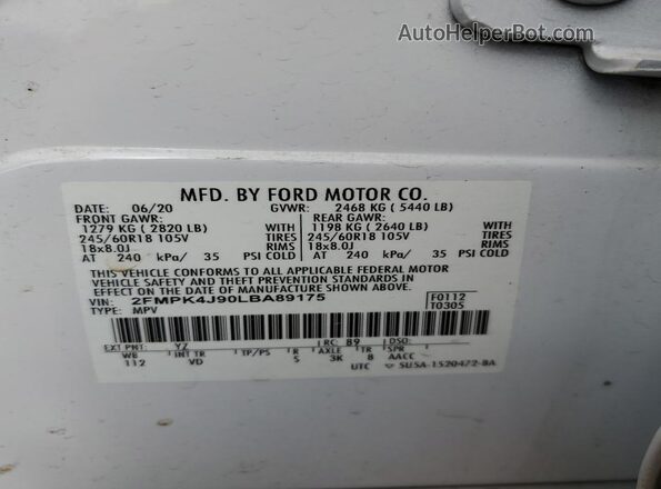 2FMPK4J90LBA89175 2020 FORD EDGE Белый Панорамный вид салона 360°