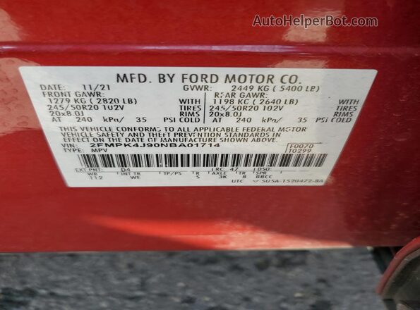2FMPK4J90NBA01714 2022 FORD EDGE Red 