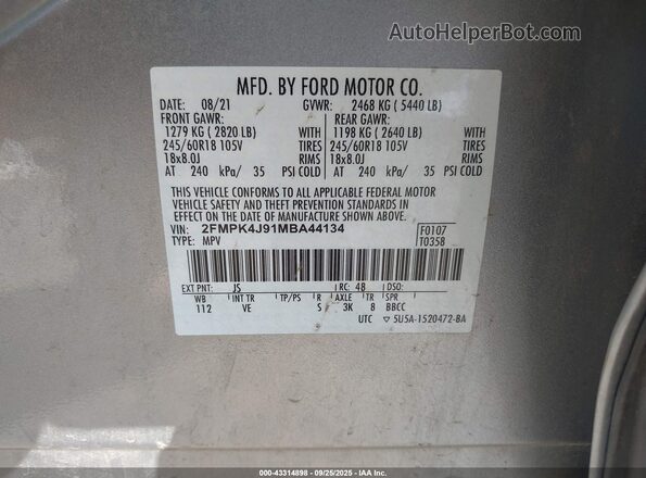 2FMPK4J91MBA44134 2021 FORD EDGE Silver 