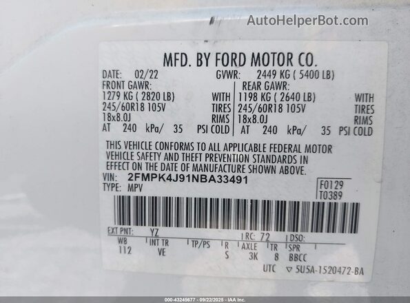 2FMPK4J91NBA33491 2022 FORD EDGE White Вид підкапотного простору
