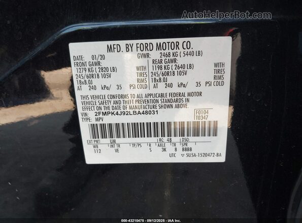2FMPK4J92LBA48031 2020 FORD EDGE Black Vista del compartimento del motor