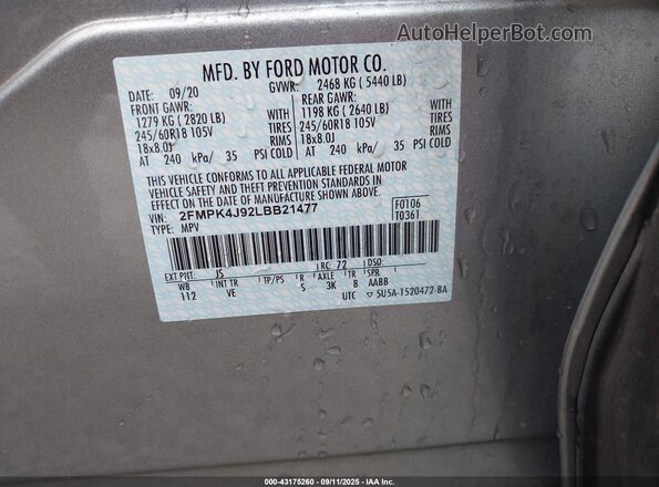 2FMPK4J92LBB21477 2020 FORD EDGE Silver Շարժիչի բաժամունքի տեսք