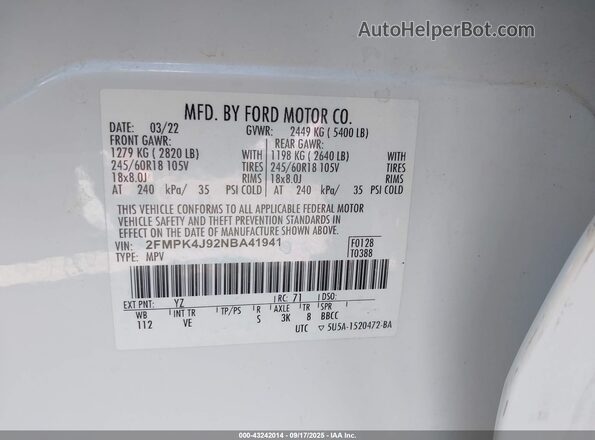 2FMPK4J92NBA41941 2022 FORD EDGE White Engine compartment view