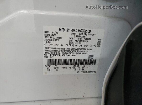 2FMPK4J93LBA62276 2020 FORD EDGE White ძრავის განყოფილების ხედი