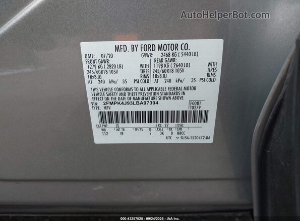 2FMPK4J93LBA97304 2020 FORD EDGE Серебряный Вид подкапотного пространства