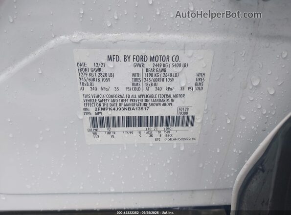 2FMPK4J93NBA13517 2022 FORD EDGE White Շարժիչի բաժամունքի տեսք
