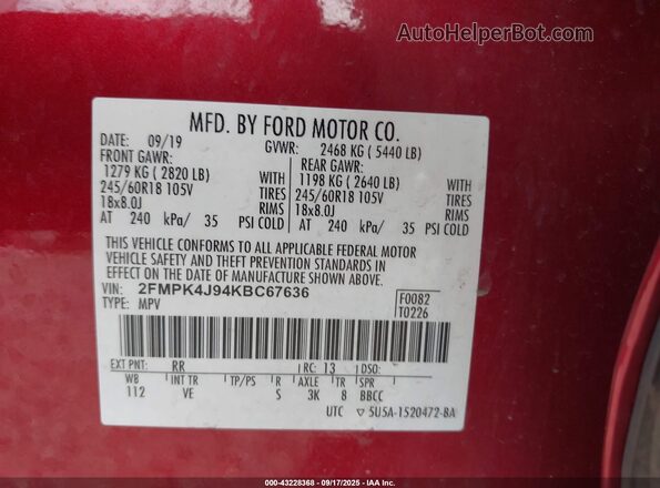 2FMPK4J94KBC67636 2019 FORD EDGE Красный Вид подкапотного пространства