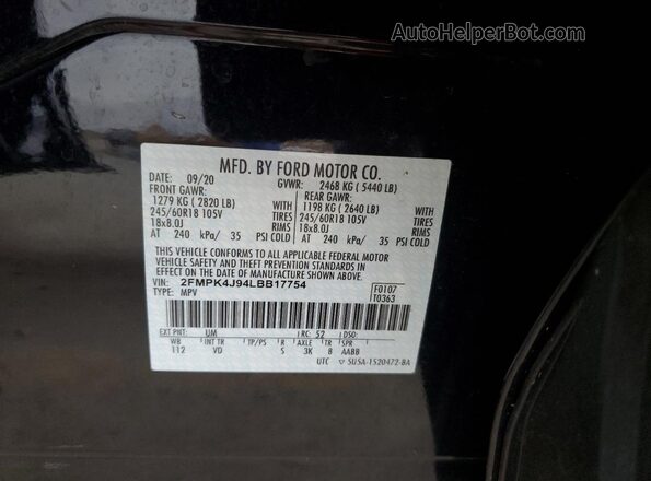 2FMPK4J94LBB17754 2020 FORD EDGE Black Vista del compartimento del motor