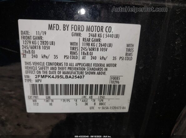 2FMPK4J95LBA25407 2020 FORD EDGE Черный Вид подкапотного пространства