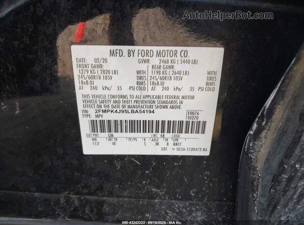 2FMPK4J95LBA54194 2020 FORD EDGE Black Vista del compartimento del motor