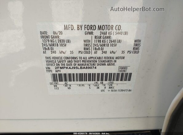 2FMPK4J95LBA89074 2020 FORD EDGE White Вид підкапотного простору