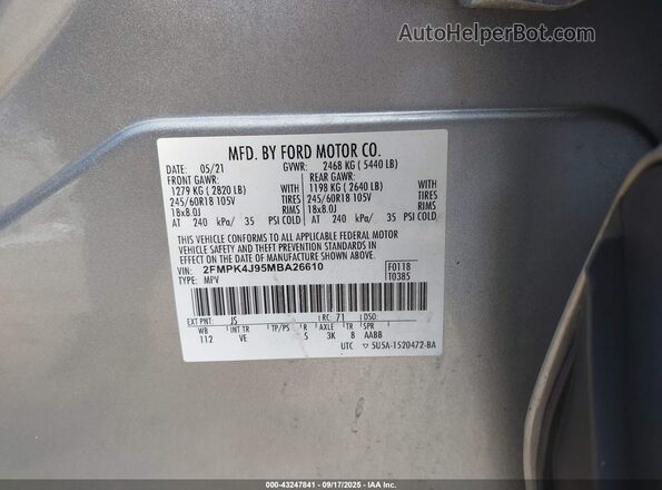 2FMPK4J95MBA26610 2021 FORD EDGE Silver Շարժիչի բաժամունքի տեսք