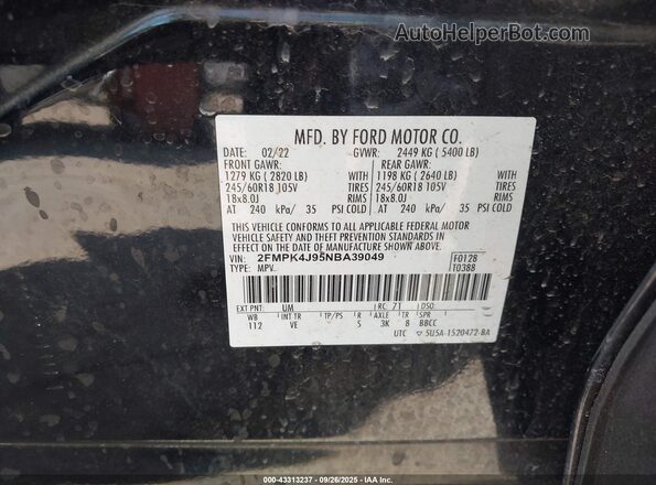 2FMPK4J95NBA39049 2022 FORD EDGE Black ძრავის განყოფილების ხედი