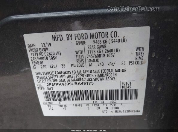 2FMPK4J99LBA49175 2020 FORD EDGE Gray ძრავის განყოფილების ხედი