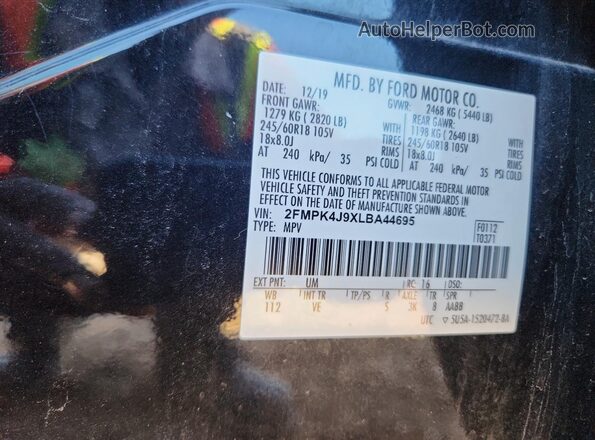 2FMPK4J9XLBA44695 2020 FORD EDGE Black Widok naklejki z numerem VIN