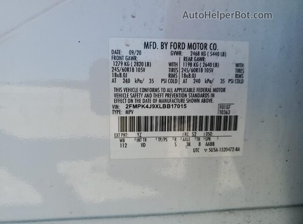 2FMPK4J9XLBB17015 2020 FORD EDGE White ძრავის განყოფილების ხედი