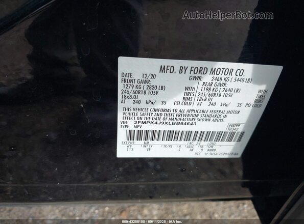 2FMPK4J9XLBB64643 2020 FORD EDGE Black ძრავის განყოფილების ხედი