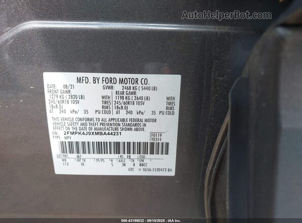2FMPK4J9XMBA44231 2021 FORD EDGE Серый Вид подкапотного пространства