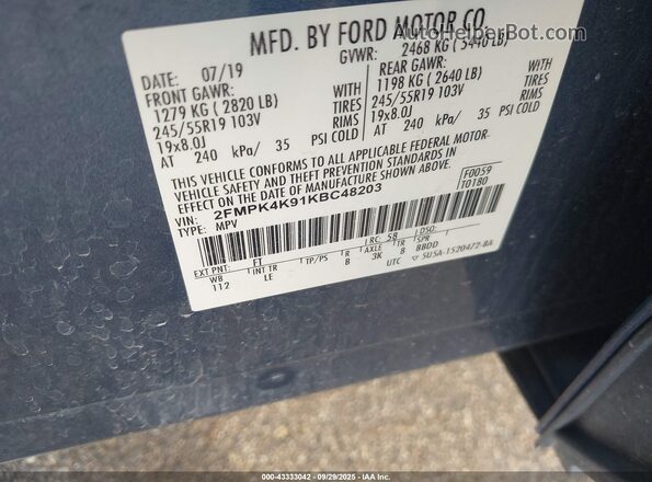 2FMPK4K91KBC48203 2019 FORD EDGE Blue Вид підкапотного простору