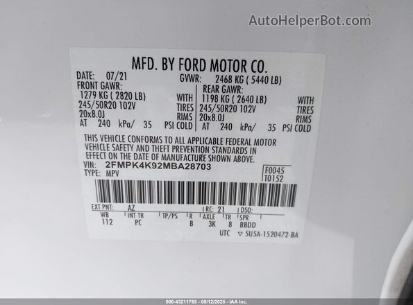 2FMPK4K92MBA28703 2021 FORD EDGE White Engine compartment view