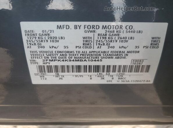 2FMPK4K94MBA10445 2021 FORD EDGE Gray 
