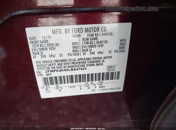2FMPK4K95LBA47423 2020 FORD EDGE Maroon Vista del compartimento del motor