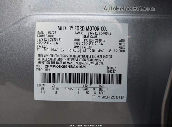 2FMPK4K99NBA41529 2022 FORD EDGE Silver Vista del compartimento del motor