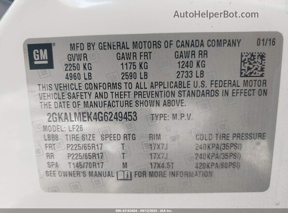 2GKALMEK4G6249453 2016 GMC TERRAIN White Vista del compartimento del motor