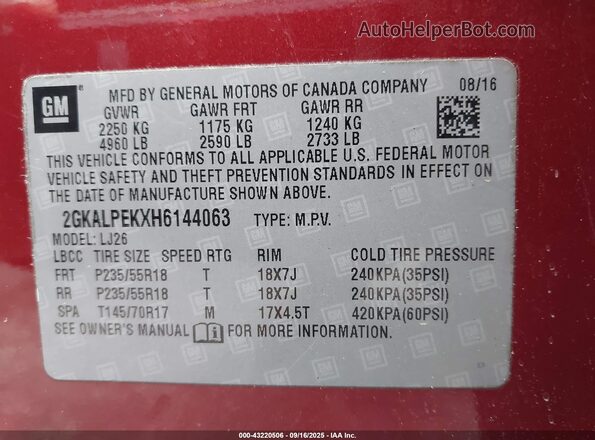 2GKALPEKXH6144063 2017 GMC TERRAIN Red Вид підкапотного простору