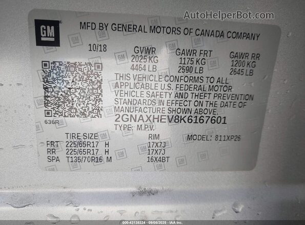 2GNAXHEV8K6167601 2019 CHEVROLET EQUINOX Silver Вид підкапотного простору