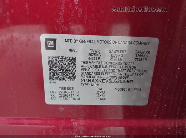 2GNAXKEV5L6252961 2020 CHEVROLET EQUINOX Red Widok komory silnika
