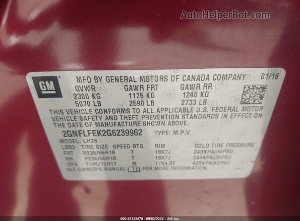 2GNFLFEK2G6239962 2016 CHEVROLET EQUINOX Темно-бордовый Вид подкапотного пространства