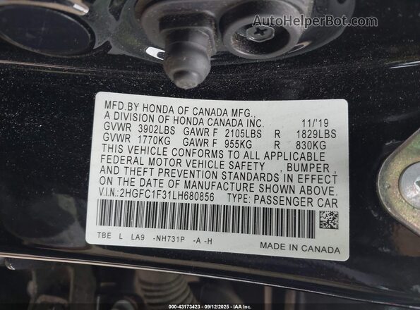 2HGFC1F31LH680856 2020 HONDA CIVIC Black ძრავის განყოფილების ხედი