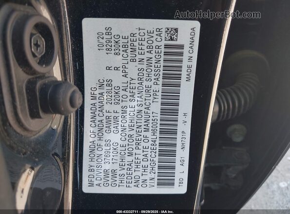 2HGFC2E84LH600517 2020 HONDA CIVIC Black ძრავის განყოფილების ხედი