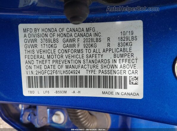 2HGFC2F61LH504924 2020 HONDA CIVIC Dark Blue Widok komory silnika