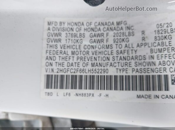 2HGFC2F66LH552290 2020 HONDA CIVIC White Engine compartment view